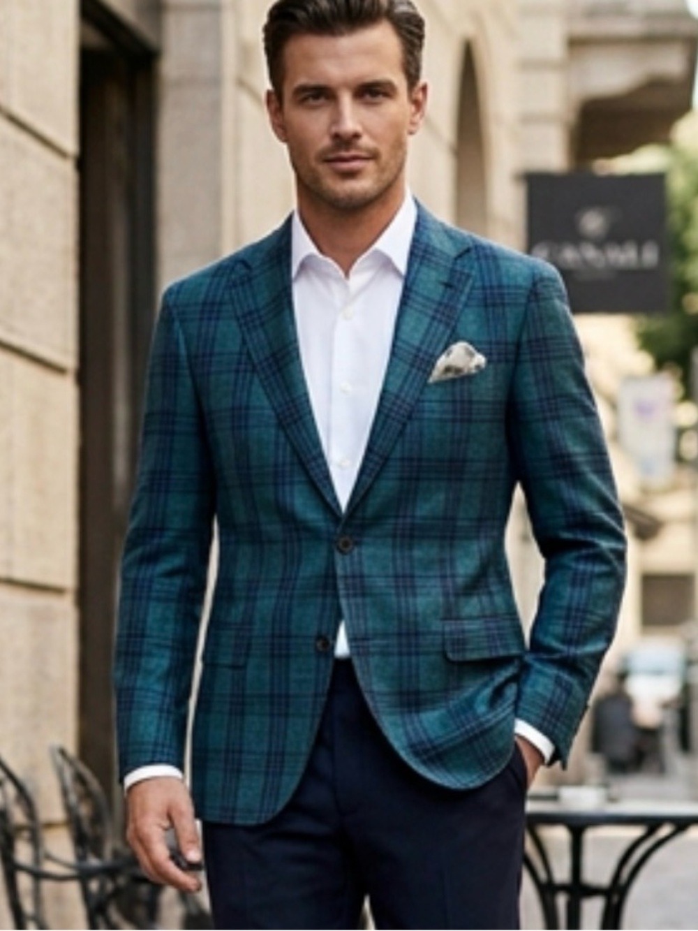 CANALI Italy Plaid Sport Coat 48R / 58 Wool Silk Linen Teal Green Blazer Jacket